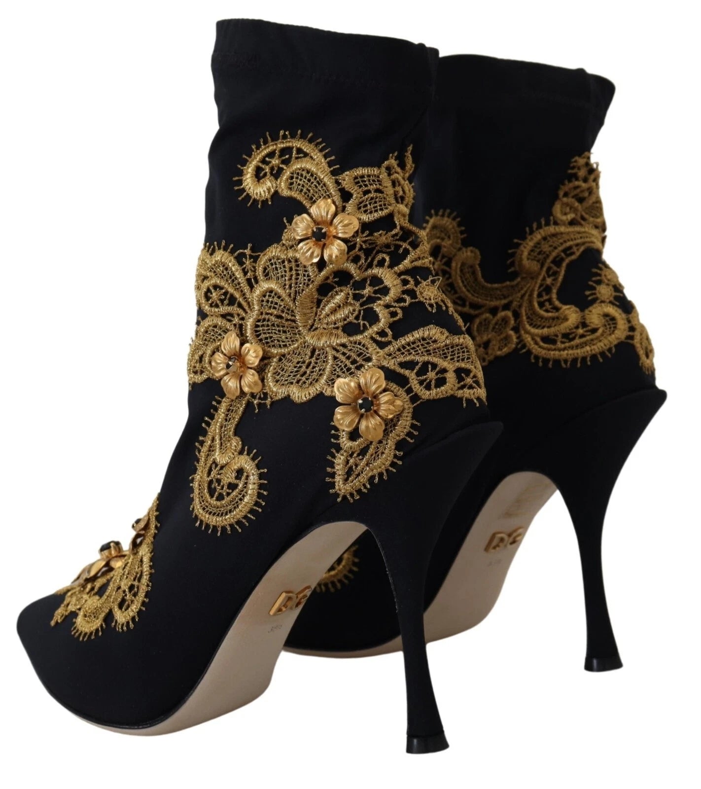 Dolce & Gabbana Black Gold Embroidery Crystal Boots Shoes
